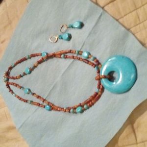 Turquoise and Brown Beaded Disc Necklace w/Turquoise Earrings